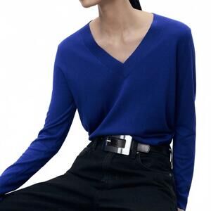 Mango V-Neck Knit Sweater NWT Vibrant Blue Medium